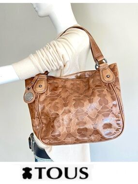 TOUS Brown Patent Leather Bear Logo Embossed Top Handle Charm Shoulder Bag Tote